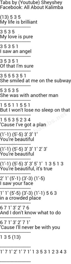 You're Beautiful - James Blunt Easy Kalimba Tabs tabs notes kalimba tutorials kalimba songs James Blunt YOURE-BEAUTIFUL-by-JAMES-BLUNT-tabs-1--276x1024 You're Beautiful - James Blunt