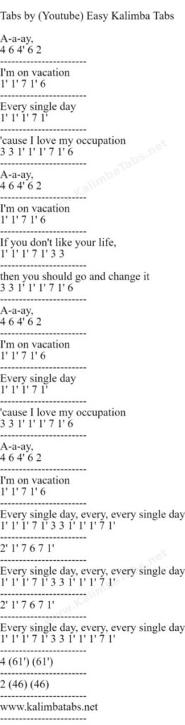⛱️ Vacation - Dirty Heads (Tabs & Lyrics) Easy Kalimba Tabs notes notation kalimba tutorials kalimba songs easy Dirty Heads beginner vacation-dirty-heads-tabs-262x1024 ⛱️ Vacation - Dirty Heads (Tabs & Lyrics)