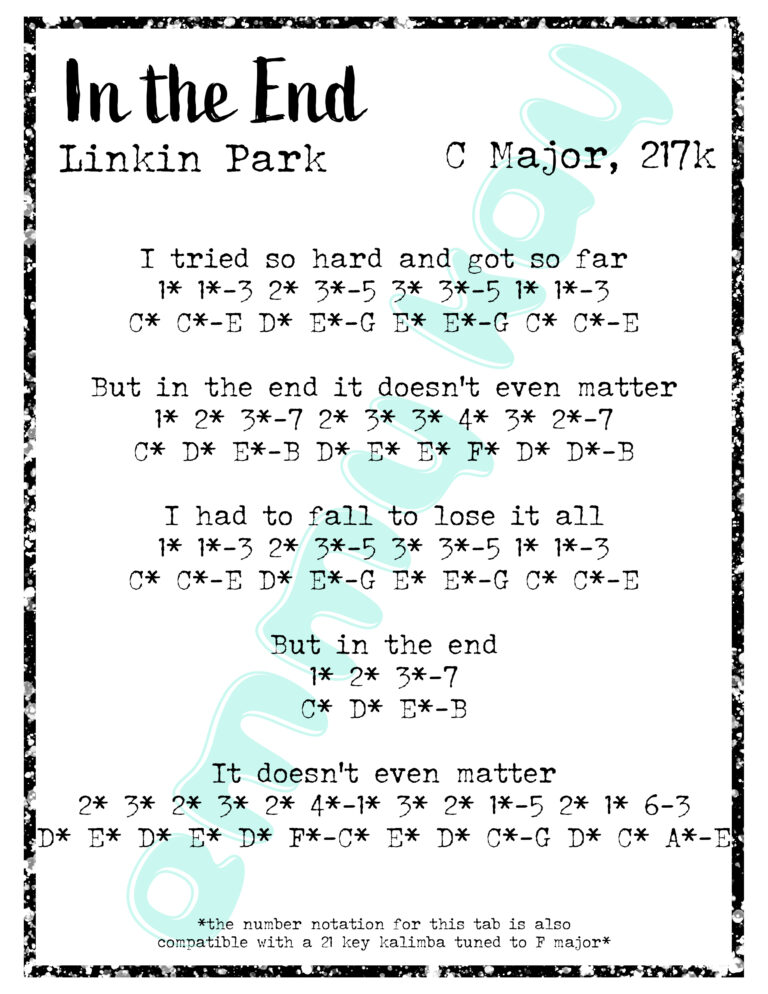 In the End (chorus) - Linkin Park (C MAJOR TABS) Easy Kalimba Tabs tabs kalimba easy tabs kalimba tabs easy kalimba tabs easy Rock Pop Linkin Park Kalimba tabs kalimba easy tabs kalimba in the end easy tabs kalimba easy tabs easy kalimba tabs #kalimba #tabs #easy intheend-c-maj-copy-4dbd9f50-768x994 In the End (chorus) - Linkin Park (C MAJOR TABS)